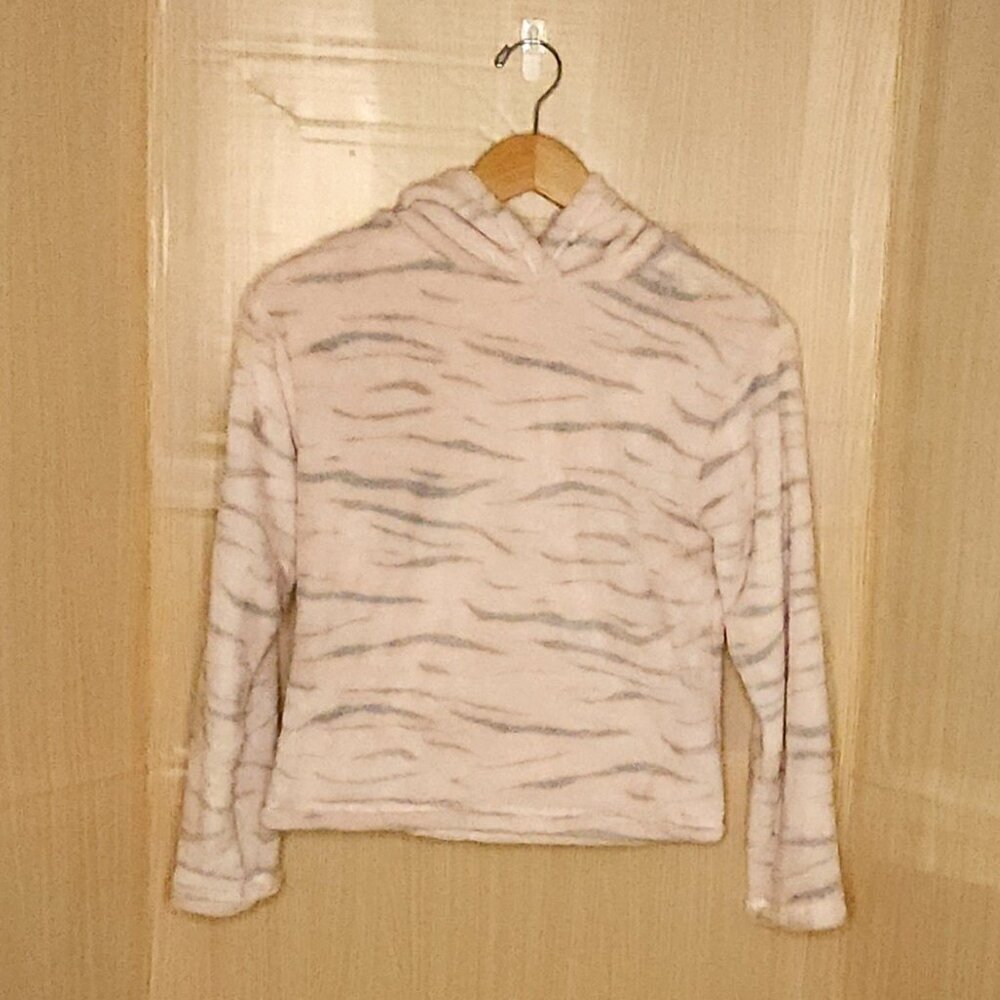 So Girls Light Pink Grey Soft Furry Fuzzy Tiger Print Hooded Pullover 10-12